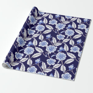 Papier Cadeau Delft Blue Floral Chinoiserie Porcelaine Motif