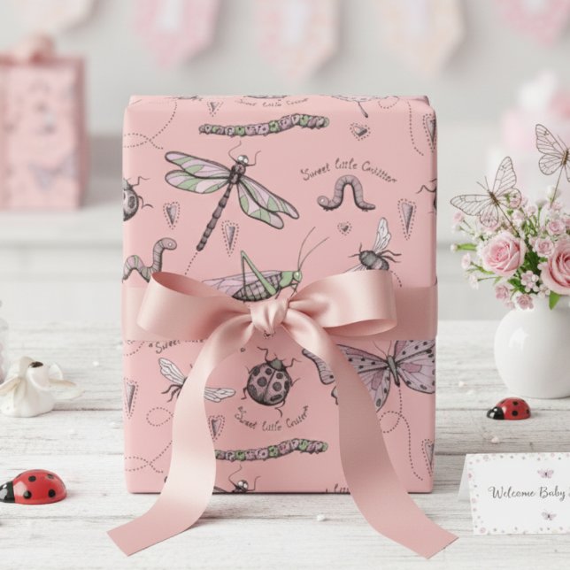 Papier Cadeau Délicat doux petit critère Feminine Blush Rose (Cute Girly Pink Insect Wrapping Paper for Girl Baby Shower, Bug Birthday Party & 1st Bday for Kids)