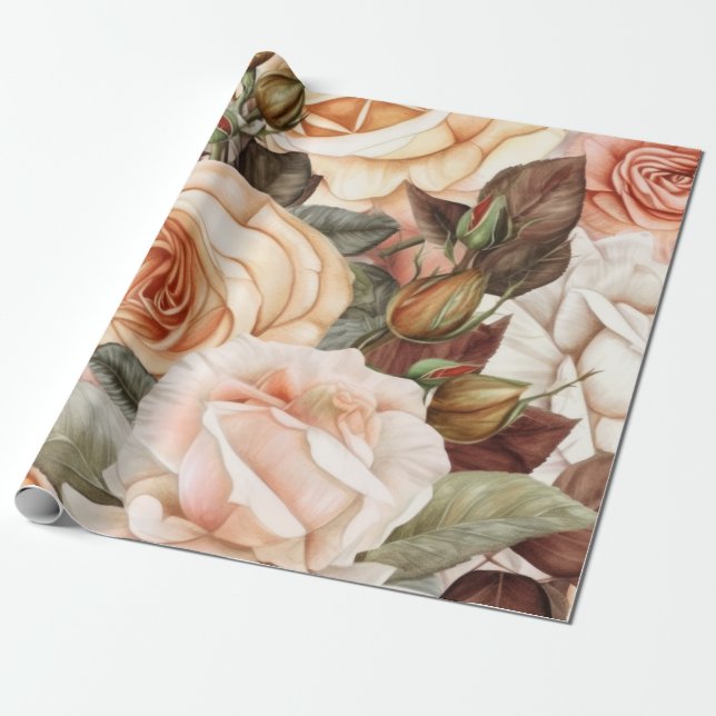 Papier Cadeau Délicat poire Vintage et roses roses (Déroulé)