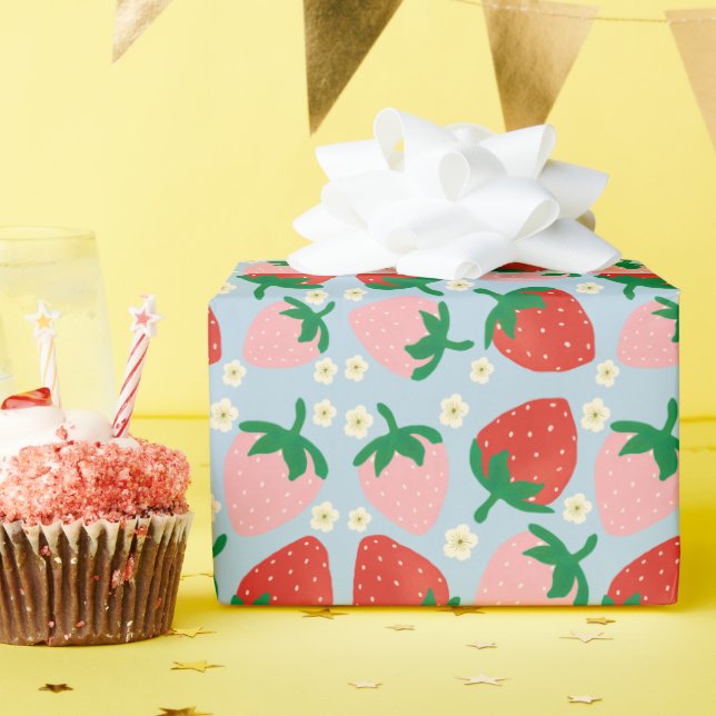 Papier Cadeau Délices Sucrés de Fruits Pastel Bleu (Fête d'anniversaire)