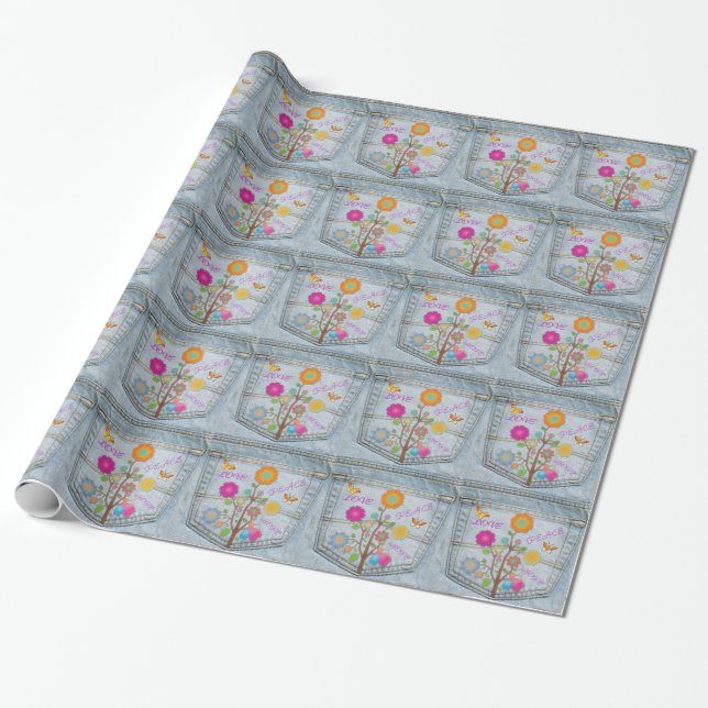 Papier Cadeau Denim Back Fleurs de poche Paix Aimer Espoir (Déroulé)