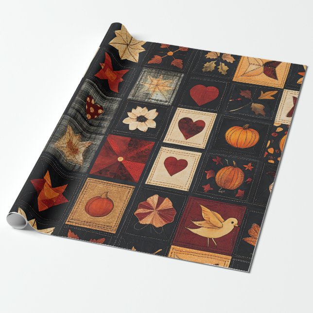 Papier Cadeau Denim Folk Art Quilt Motif | Patch d'automne rusti (Déroulé)