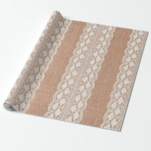 Papier Cadeau Dentelle blanc cassé sur texture de toile de jute