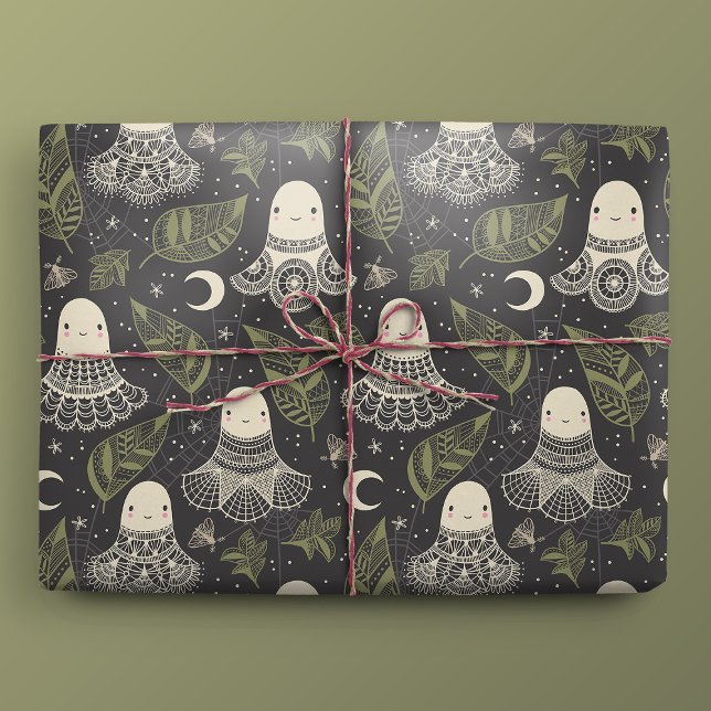 Papier Cadeau Dentelle des Fantômes d'Halloween - Vert (Gift Mockup)