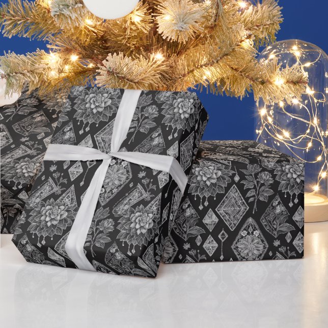 Papier Cadeau Dentelle florale noire et blanche (Vacances)