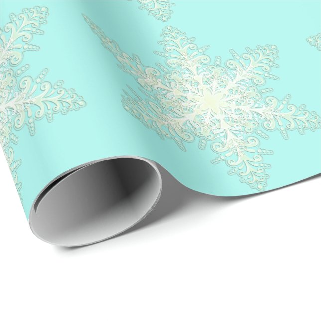 Papier Cadeau Dentelle glacée Snowflake hiver blanc et turquoise (Coin rond)