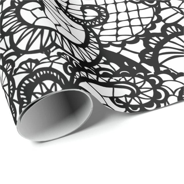 Papier Cadeau Dentelle noire en blanc (Coin rond)