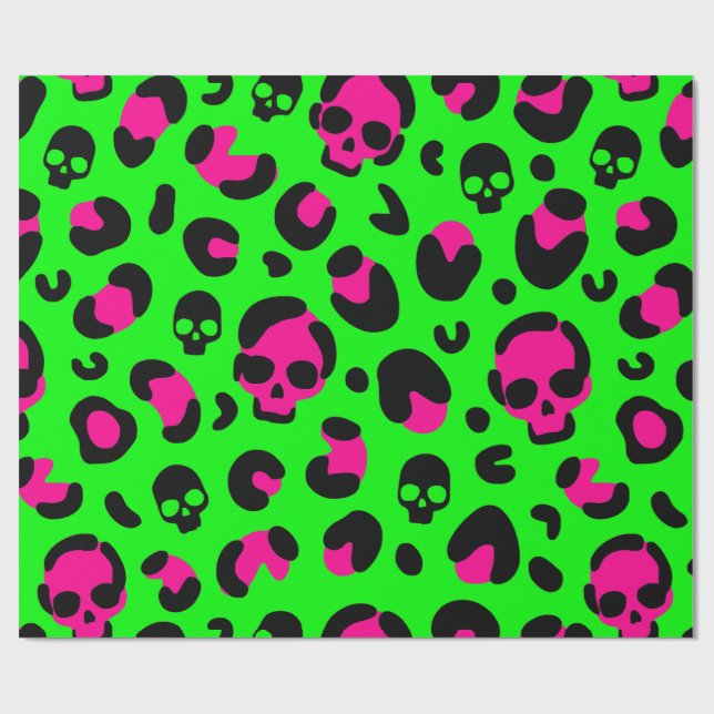 Papier Cadeau déplaisant halloween léopard crâne rose vert punk (Plat)
