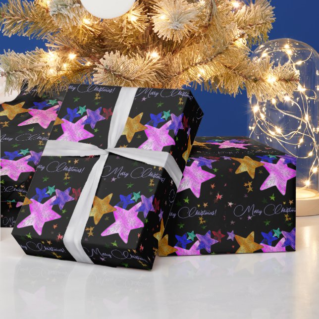 Papier Cadeau Des étoiles brillantes multicolores - Joyeux Noël  (Vacances)