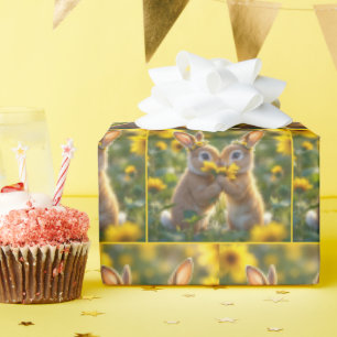 Papier Cadeau Des lapins odorent un tournesol jaune