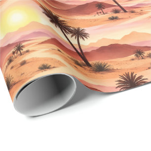Papier Cadeau Désert Oasis Ensoleillé Motif Aquarelle