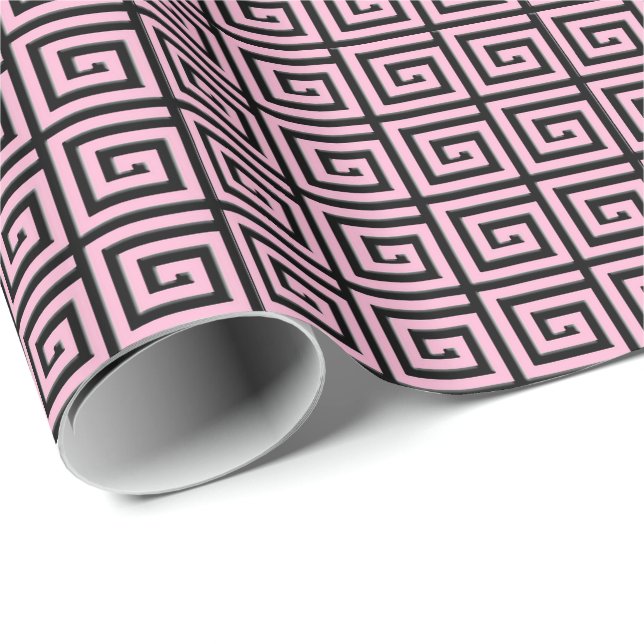 Papier Cadeau Design de clé grecque - look rose et noir (Coin rond)