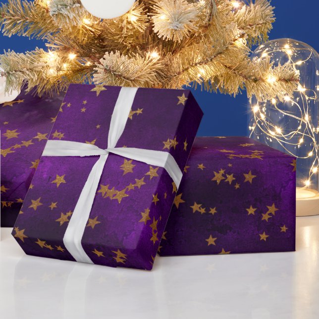 Papier Cadeau Design élégant violet céleste avec étoiles dorées (Vacances)