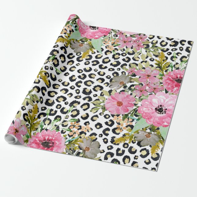 Papier Cadeau Design Empreinte de léopard et floral élégant (Déroulé)