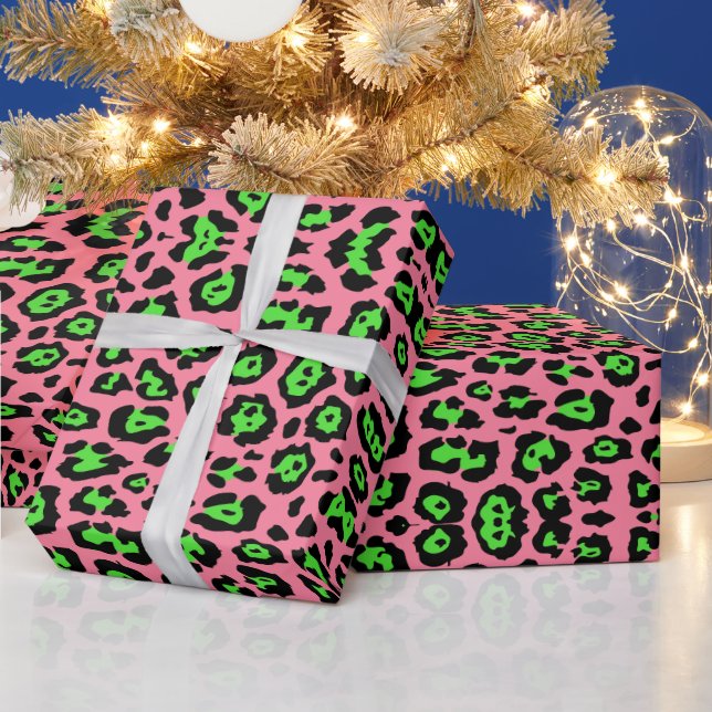 Papier Cadeau Design empreinte de léopard néon vert rose tendanc (Vacances)