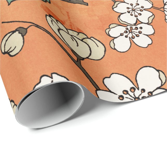 Papier Cadeau Design floral blanc sur orange (Coin rond)