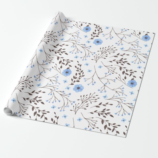 Papier Cadeau Design floral en bleu et marron (Déroulé)