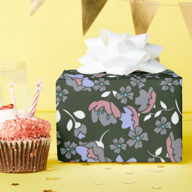 Papier Cadeau Design floral sur noir (Fête d'anniversaire)