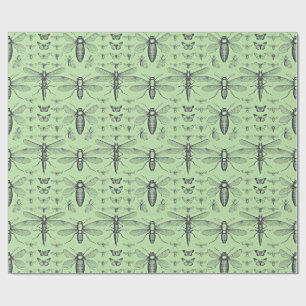 Papier Cadeau Design insectes vintage noir sur vert sauge doux