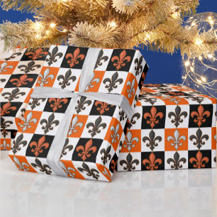 Papier Cadeau Design Orange Noir Blanc À damiers Fleur de lis