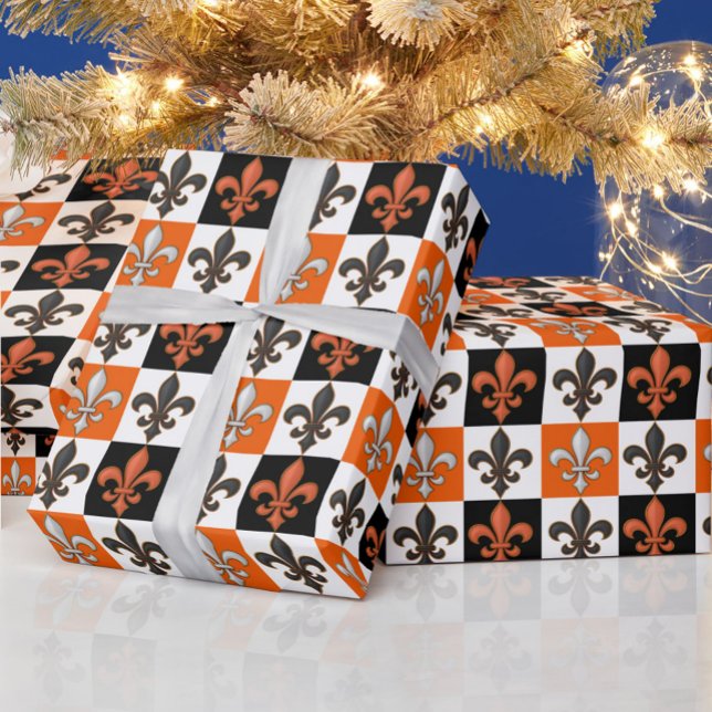 Papier Cadeau Design Orange Noir Blanc À damiers Fleur de lis (Créateur téléchargé)