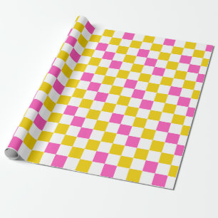 Papier Cadeau Dessin à carreaux jaune blanc rose