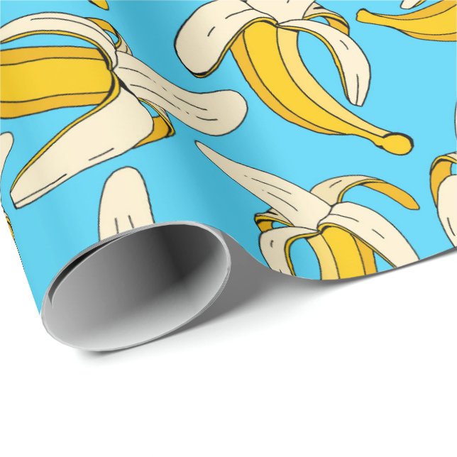 Papier Cadeau Dessin amusant Bananes Aqua Motif de fruits bleu j (Coin rond)