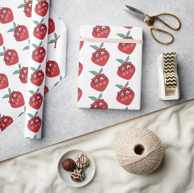 Papier Cadeau Dessin animé de fraise mignon dessiné à la main    (Artisanat)