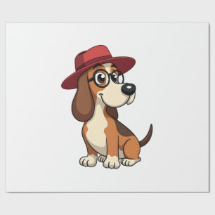 Papier Cadeau Dessin animé vintage Basset Hound au chapeau rouge