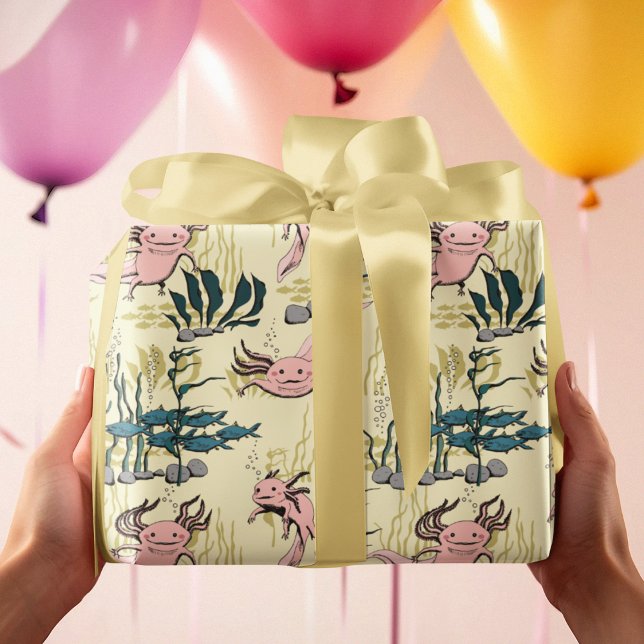 Papier Cadeau Dessin Axolotal Jaune & Rose sous-marin pour enfan (Cute Axolotl Underwater Pattern with Hand Drawn Adorable Pink Axolotl and Fish on Yellow Background.)