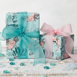Papier Cadeau Dessin Axolotal pour enfants vert et rose pâle sou