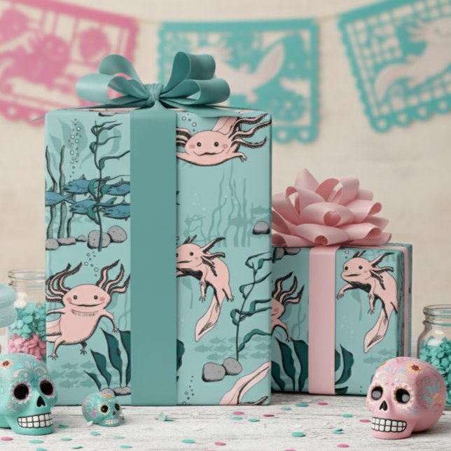 Papier Cadeau Dessin Axolotal pour enfants vert et rose pâle sou (Mexican Walking Fish Pink Axolotl Salamander Wrapping Paper in Turquoise Blue for Kids Birthday)