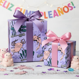 Papier Cadeau Dessin Axolotal pour enfants violet et vert sous-m