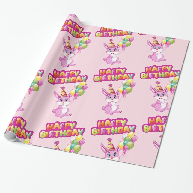 Papier Cadeau Dessin d'anniversaire de Bunny rose (Déroulé)