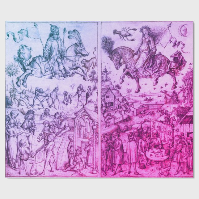 Papier Cadeau Dessin d'Astrologie violette bleu antique du solei (Plat)