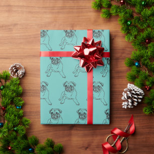 Papier Cadeau Dessin de chien carlin masculin bleu sarcelle bran