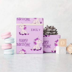 Papier Cadeau Dessin de licorne rose mignon motif joyeux anniver