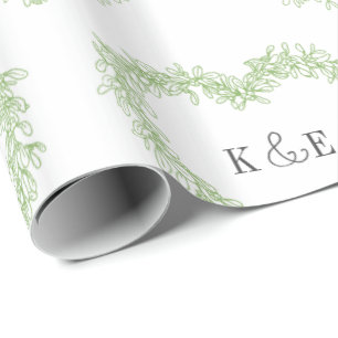 Papier Cadeau Dessin de trait de mélèze vert monogramme blanc