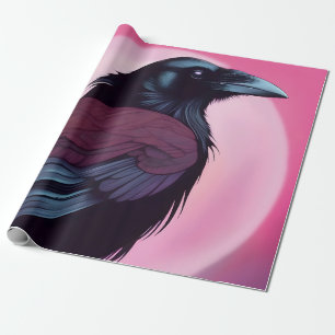 Papier Cadeau Dessin d'un corbeau noir sur rose néon