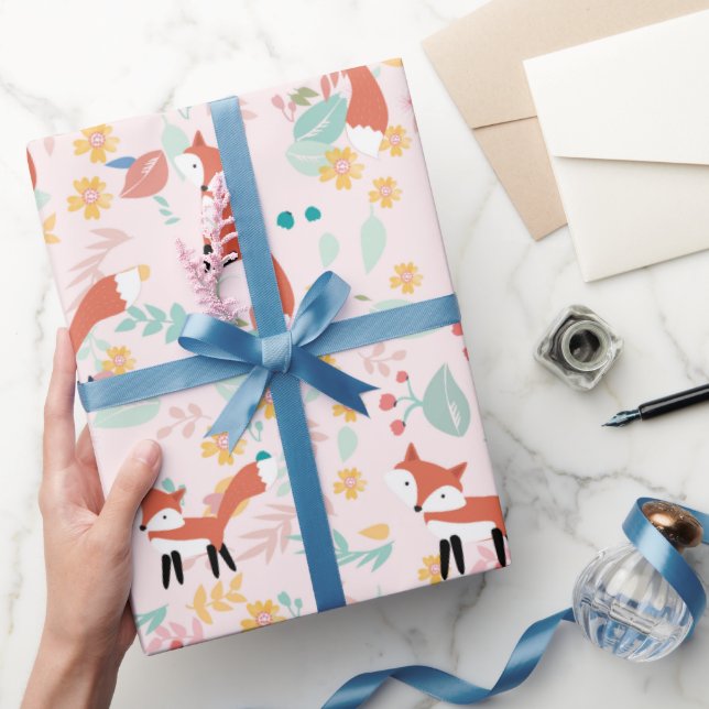 Papier Cadeau Dessin floral rose renard mignon (Cadeaux)