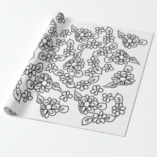 Papier Cadeau Dessin floral simple noir et blanc