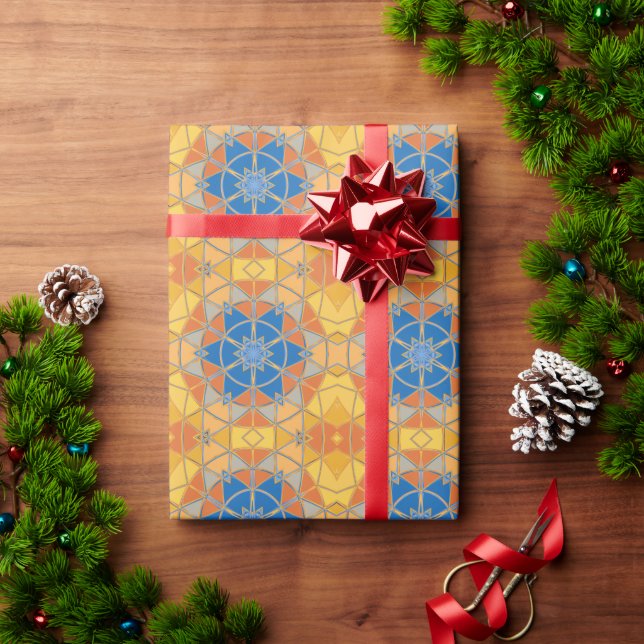 Papier Cadeau Dessin Mandala bleu orange et jaune (Cadeau de vacances)
