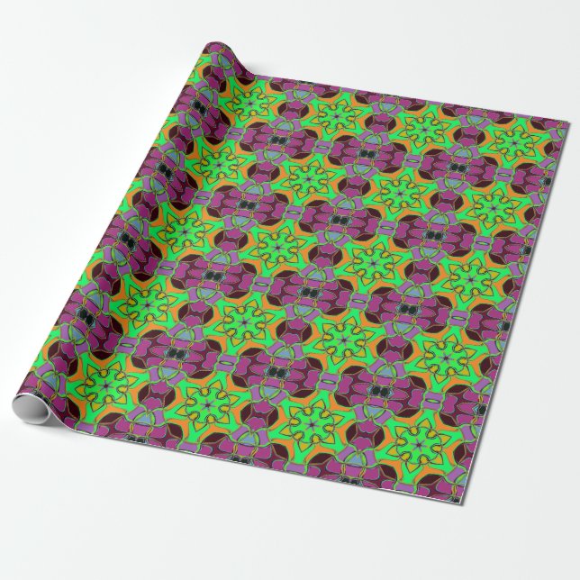 Papier Cadeau Dessin Mandala Flower vert orange et violet (Déroulé)