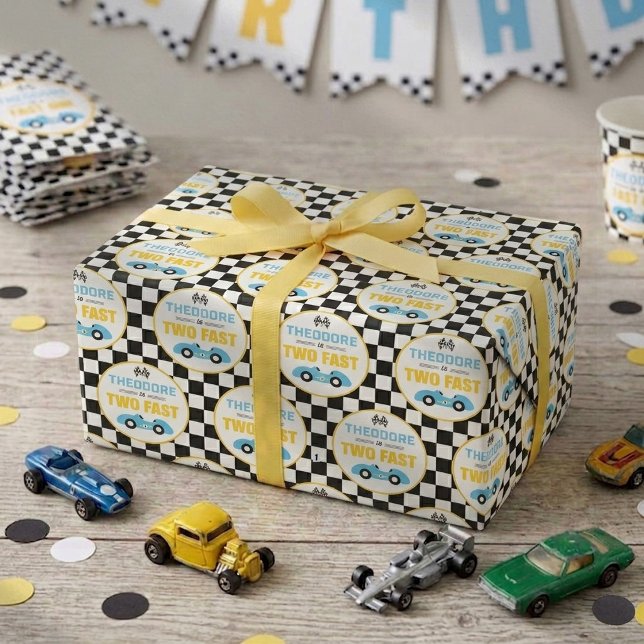 Papier Cadeau Deux courses de voitures rapides Fête d'anniversai (Créateur téléchargé)