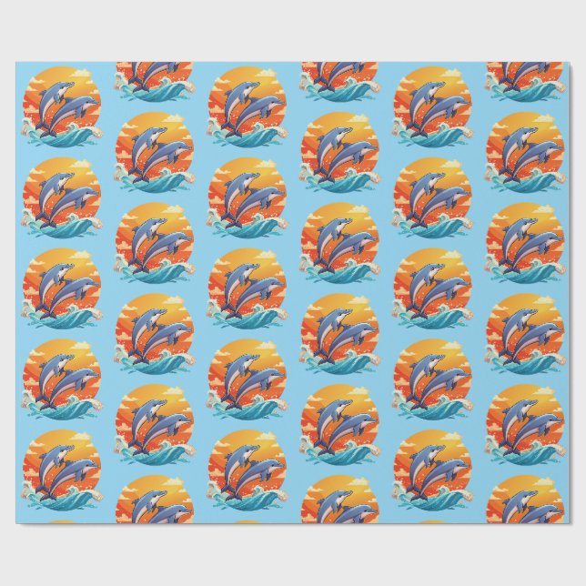 Papier Cadeau Deux dauphins de dessin animé sautant (Plat)