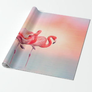 Papier Cadeau Deux flamants roses dans l'eau au coucher du solei