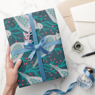 Papier Cadeau Deux (ou plus !) tourterelles en turquoise