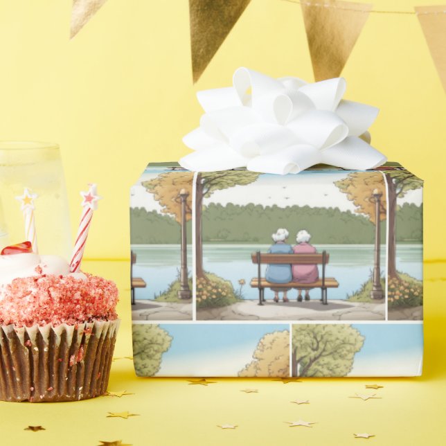 Papier Cadeau Deux vieilles dames assises sur un banc (Fête d'anniversaire)