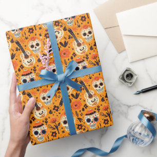 Papier Cadeau Dia de Muertos, guitares et crânes de sucre orange