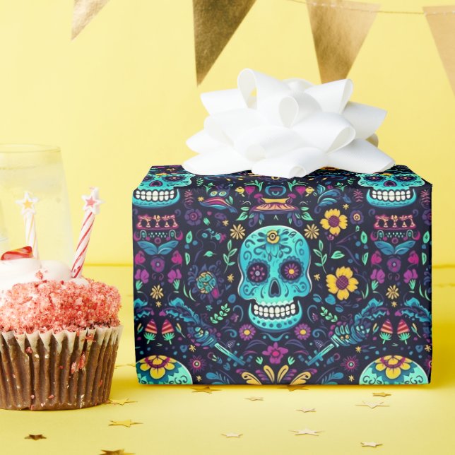 Papier Cadeau Día de Muertos Reverie : Turquoise Sugar Skull Spe (Fête d'anniversaire)